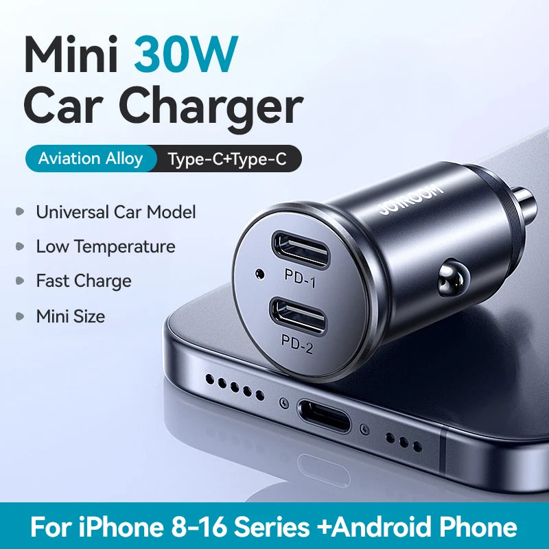 30W Mini Car Charger PD QC3.0 USB Type-C Metal Cigarette Lighter Adapter for Fast Charging