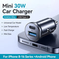 30W Mini Car Charger PD QC3.0 USB Type-C Metal Cigarette Lighter Adapter for Fast Charging
