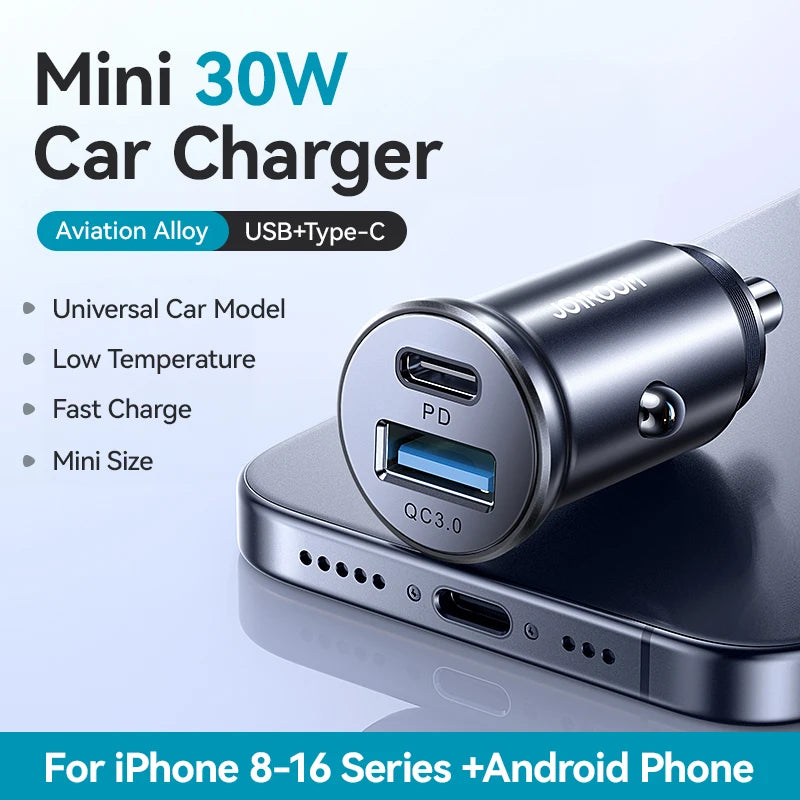 30W Mini Car Charger PD QC3.0 USB Type-C Metal Cigarette Lighter Adapter for Fast Charging