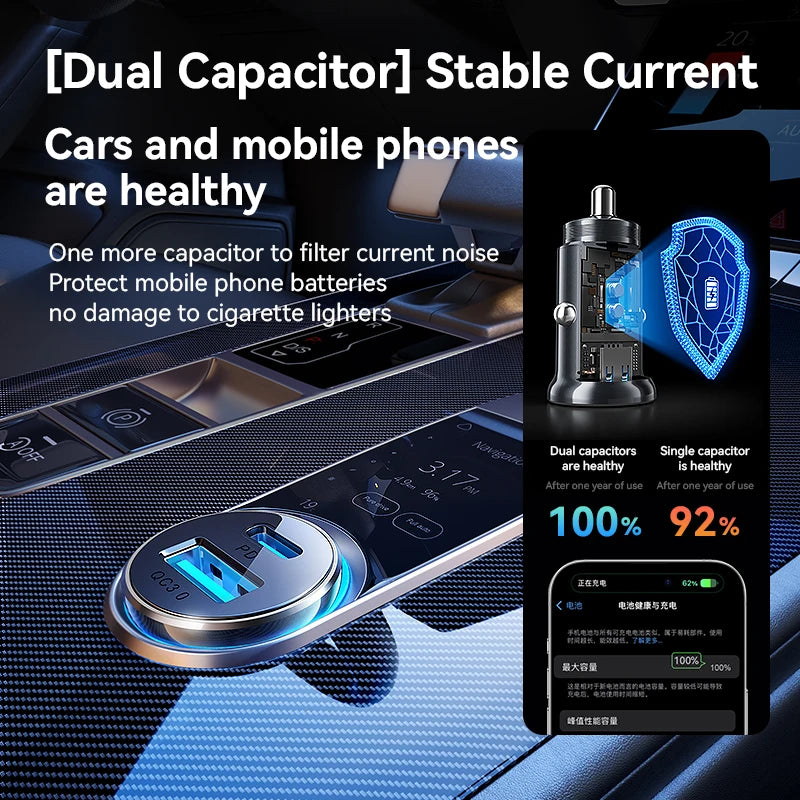 30W Mini Car Charger PD QC3.0 USB Type-C Metal Cigarette Lighter Adapter for Fast Charging
